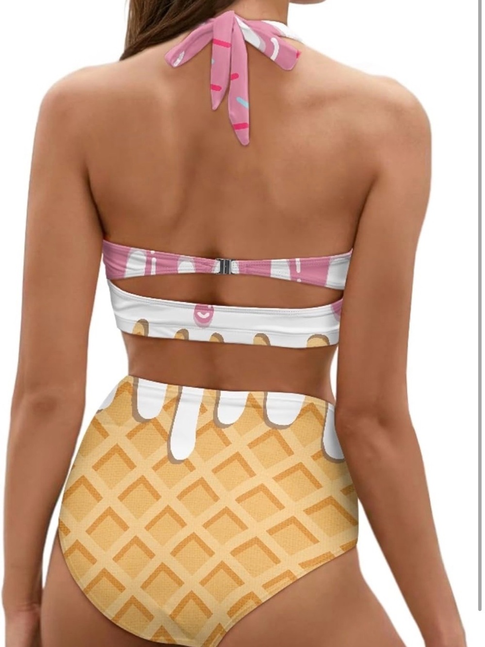 Women's Retro Ruched Ruffle Ice Cream Print High-Waist Bikini Set - Picture 3 of 7